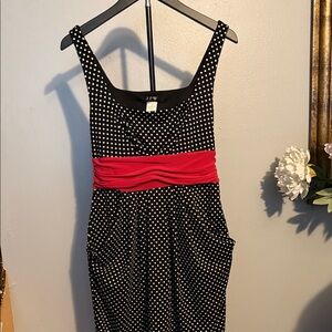 Elegant Black and White Polka Dot Midi Dress with Red Waistband